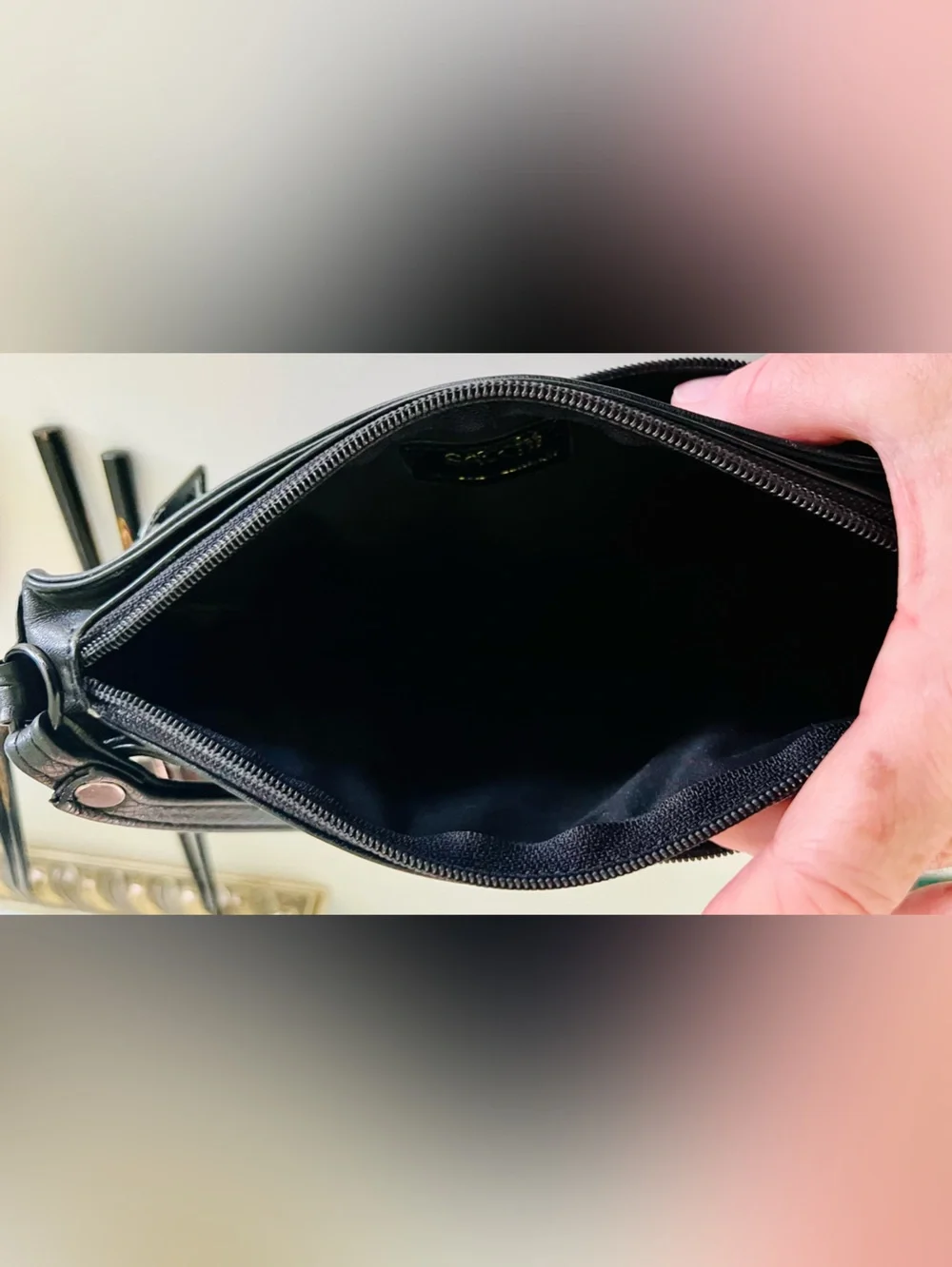 Vintage Satchi Black Genuine Leather Travel Organizer and Clutch Wristlet.